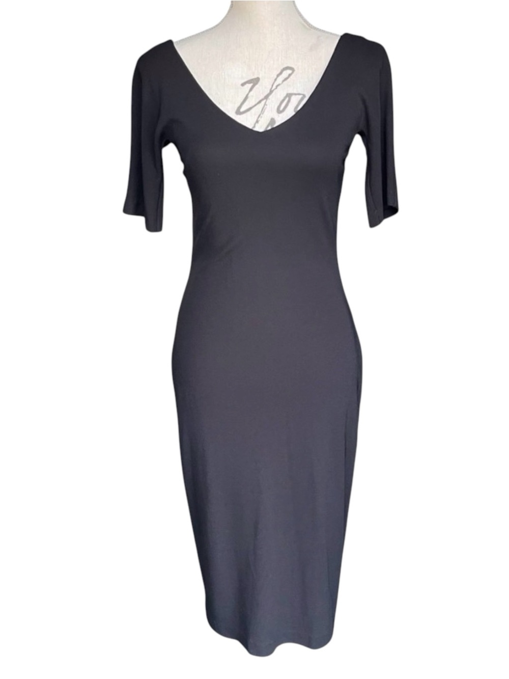 Laundry by Shelli Segal Black V Front/Back Bodycon Short Sleeve Midi Dress (6/8)